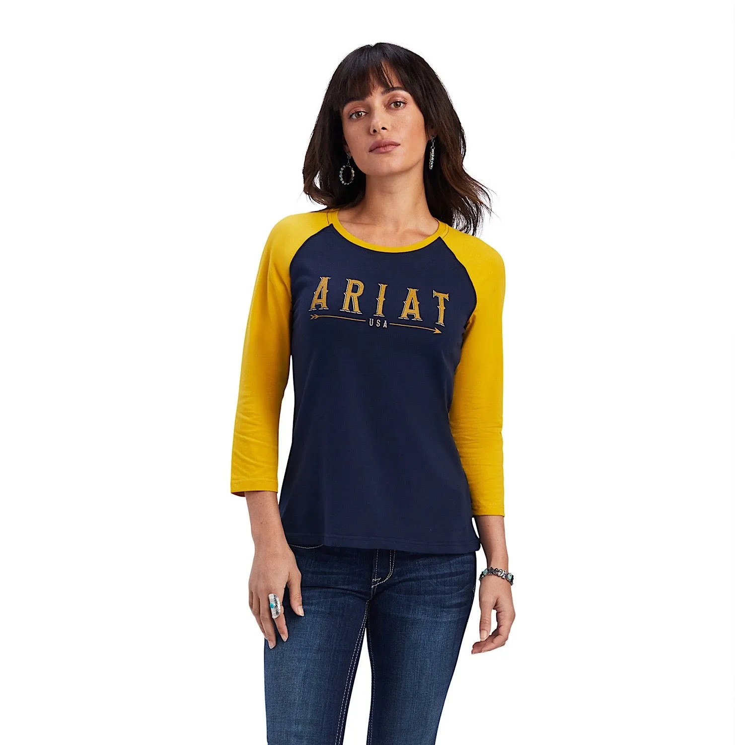 Ariat Womens REAL Arrow Classic Fit 3/4 Sleeve Top Navy Eclipse