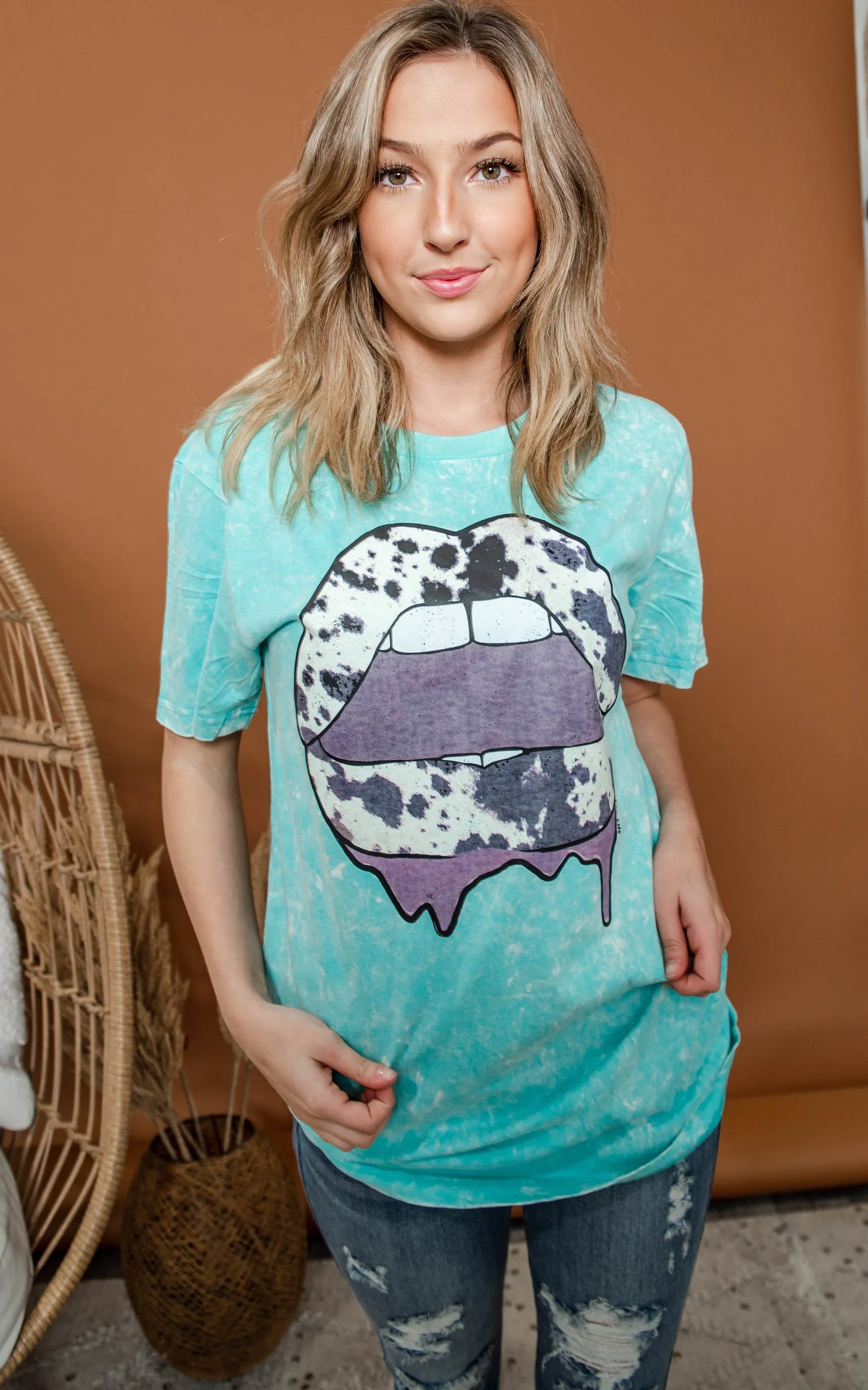 Cow Print Lips T- Shirt - Turquoise | FINAL SALE *
